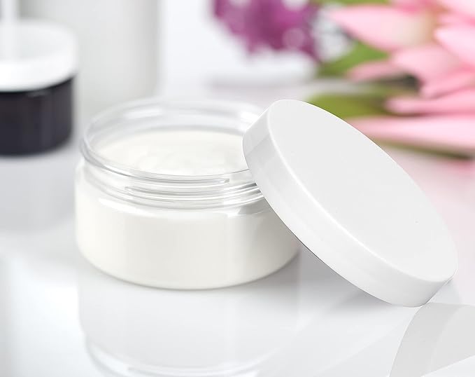 JUVITUS 8 oz Clear PET Plastic Low Profile Jar with White Smooth Lids (12 Pack) BPA Free Large Refillable Empty Storage Containers