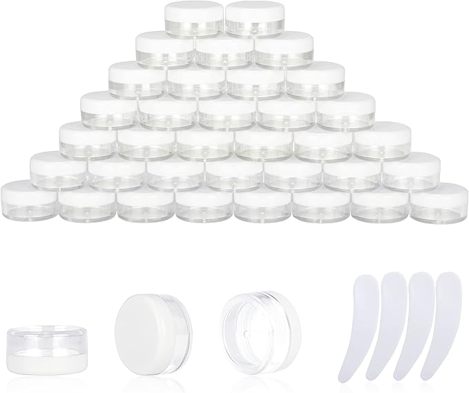 50PCS 3 Gram Sample Containers, 3ml Empty Jars with Lids, Small Cosmetic Containers, Mini Sample Jars with 4PCS Mini Spatulas for Make Up, Oils, Lotion, Powder, Paint, Jewelry, Lip Balms(White Lid)