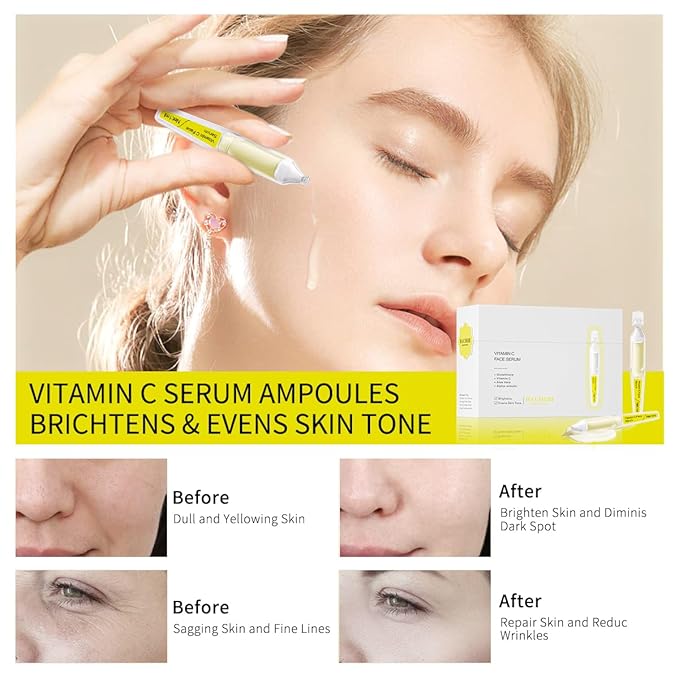 Vitamin C Face Serum with Glutathione, 4D Hyaluronic Acid, Organic Aloe Vera, Travel Size Ampoule, Brightening and Hydrating Serum, Dark Spot Remover, 30 Ampoules (1ml each)