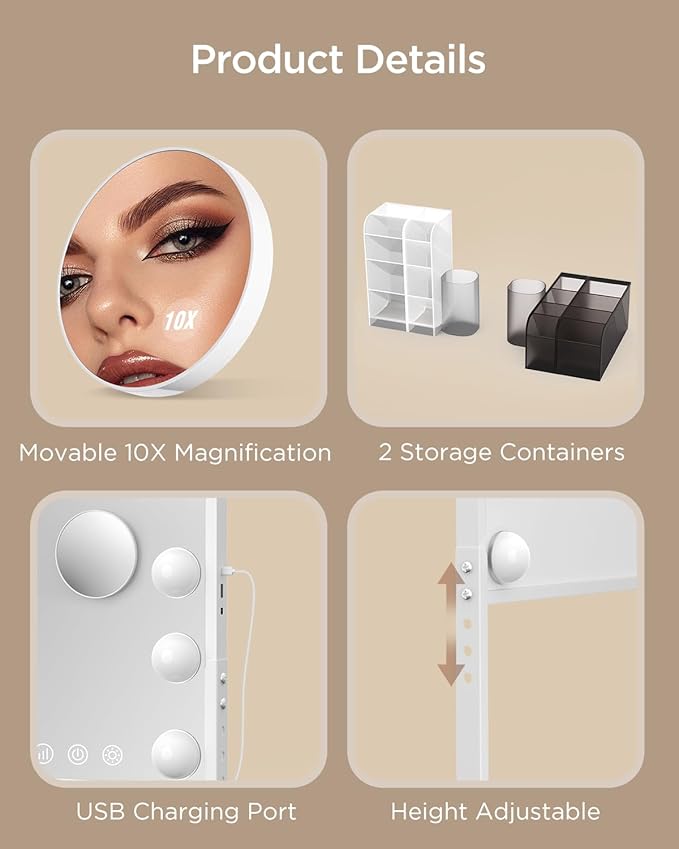 BESTOPE PRO Vanity Mirror with Lights, 15.7" x 20.8" Height & Brightness Adjustable Hollywood Mirror, Lighted Makeup Mirror with Storage,3 Color Lights,10X Magnification,USB Charging Port, Women Gifts
