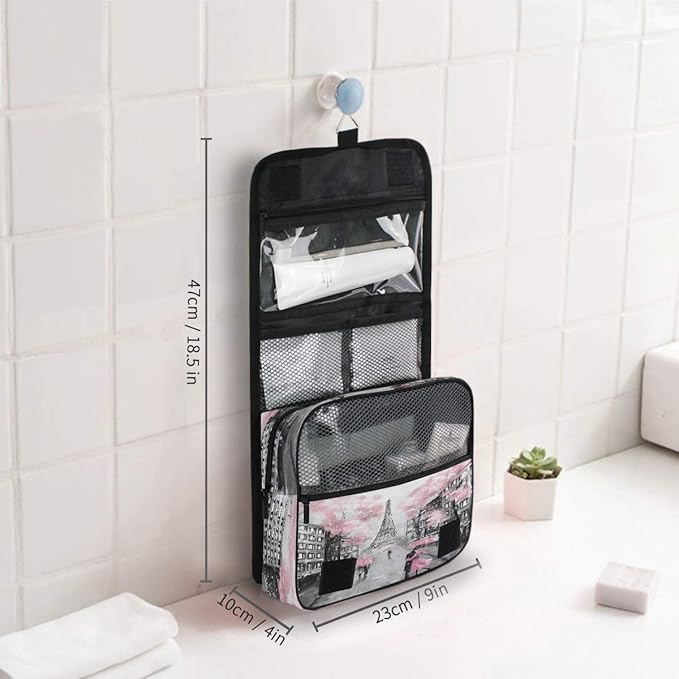 Hanging Toiletry Bag Eiffel Tower Paris Lovers Street Portable Travel Cosmetic Makeup Bag Bathroom Shower Shaving Kit Organizer Bag for Men Women