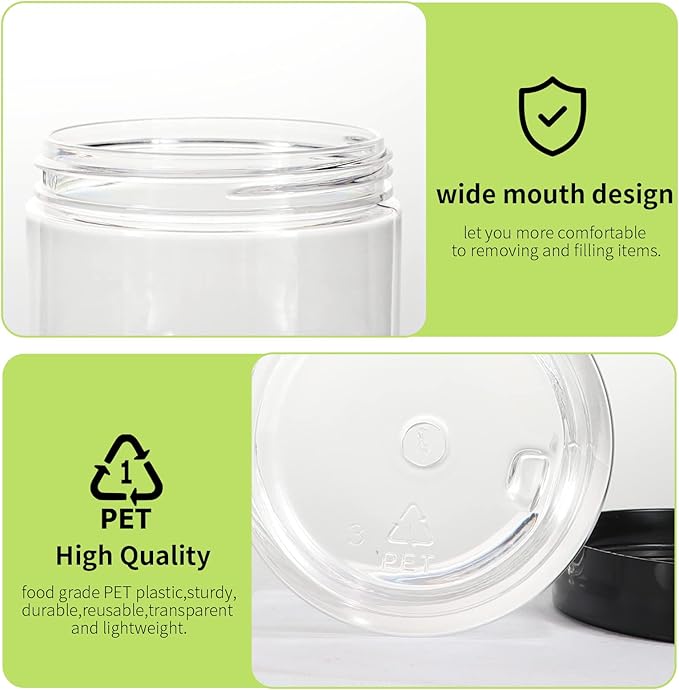 48 Pack 120ml 4 oz Empty Clear Plastic Jars with Black Lids, Refillable Round Containers for Slime,Beauty Products, powder, Cream, Scrubs, Cookie,Dried Fruit. Include 1 Pen and 120 Labels.