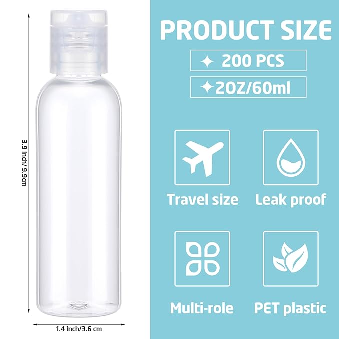 Zhehao 200 Pcs 2 oz Clear Plastic Empty Bottles Small Travel Size Bottles with Flip Cap Empty Transparent Dispenser Container for Liquids Toiletries Shampoo Lotion(Colorless Cap)