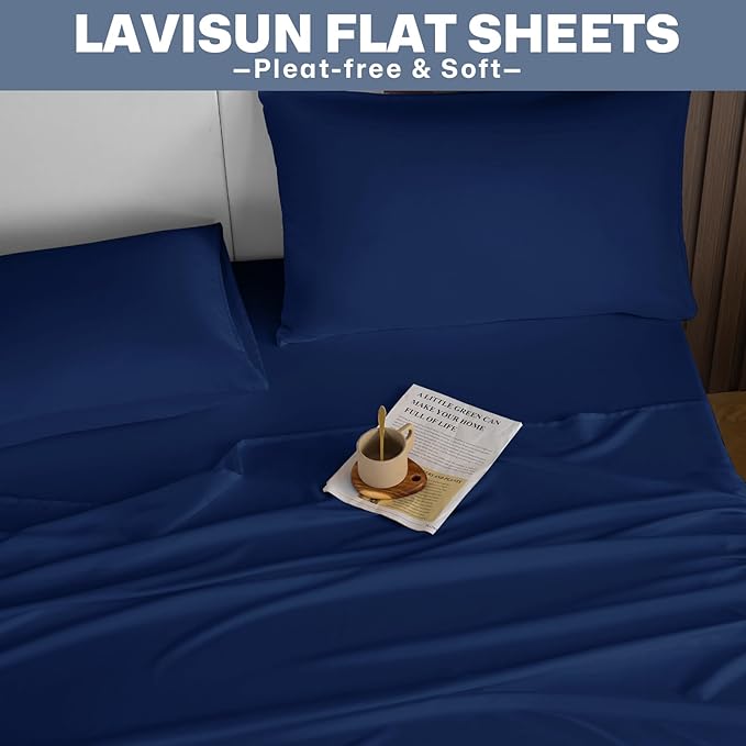 Lavisun Flat Sheets 2 Pack,Hotel Quality Flat Bed Sheets,Brushed Microfiber Bed Sheets, Bulk Sheets for Massage, Home, Dorm (Navy Blue,Queen)