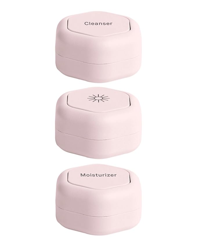 Cadence Travel Containers - Basic Skincare Set - Magnetic Travel Capsules - For Facial Cleanser, Moisturizer, Sunscreen - 3 Small Capsules (0.56oz) with Cleanser, Moisturizer & Sun-Icon Labels - Petal