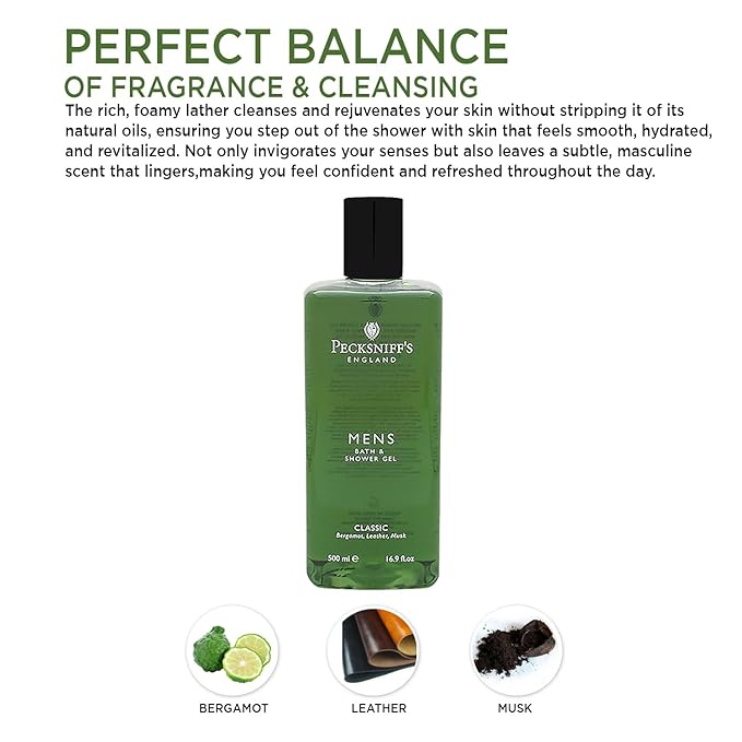 Pecksniff's Men's Luxurious Moisturizing Bath & Shower Gel | Luxury Shower Fougere Scent with Bergamot, Leather, Lavender | Mens Shower Gel | Invigorating Classic Scent, 500ml
