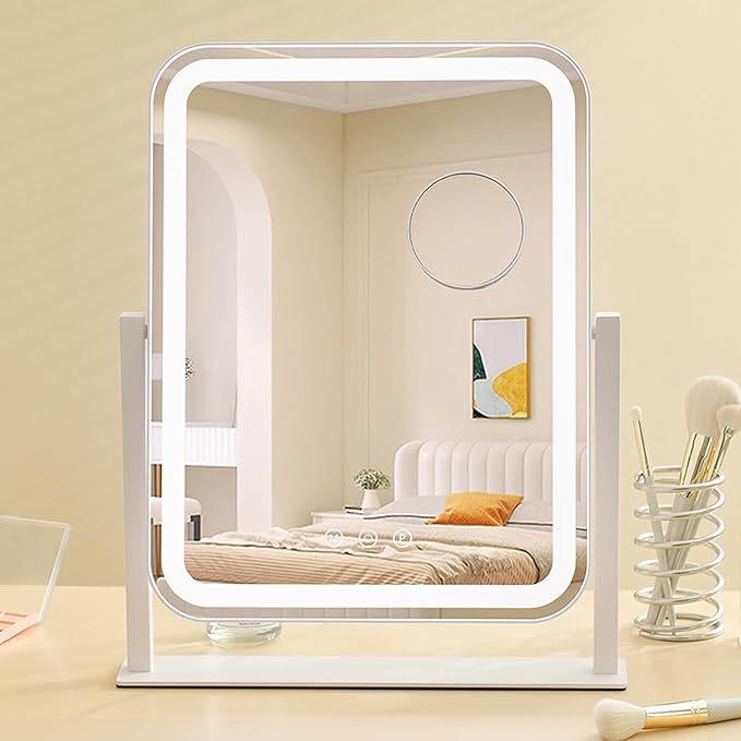 HIEEY Vanity Mirror with Lights, Makeup Mirror with Lights, Three Color Lighting Modes, and 5X Magnification Mirror, Smart Touch Control, 360°Rotation (17.3" x 13" White,Gift Box)