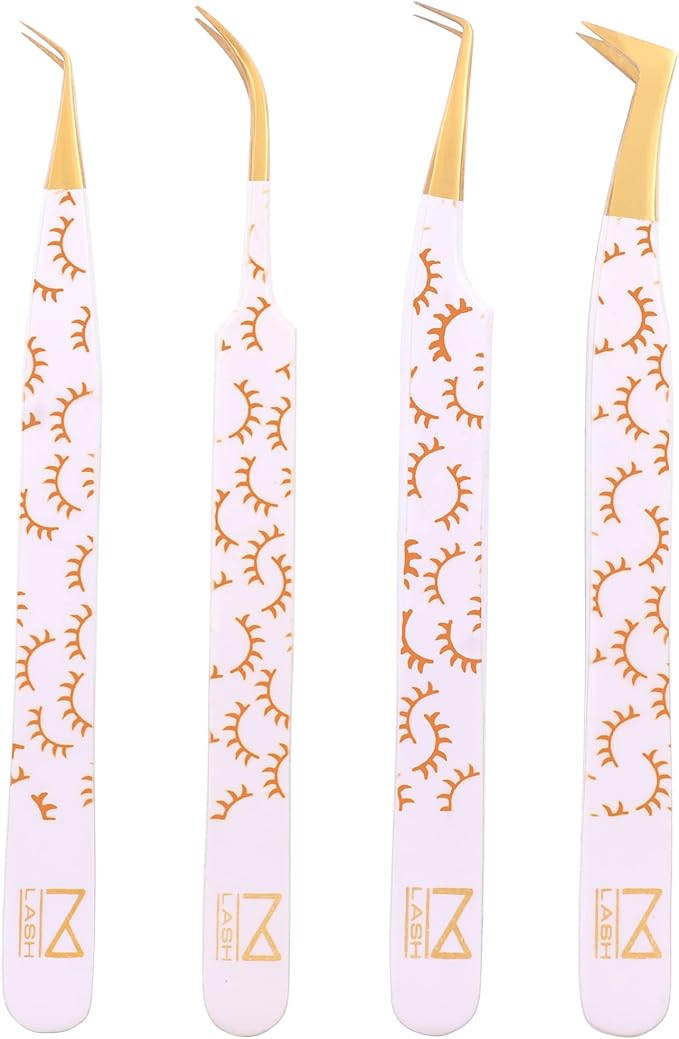 M LASH Tweezers for Eyelash Extensions (Set of 4) - Professional Lash Extension Tweezers - Fiber Tip, Japanese Steel, Diamond Grip Eyelash Extension Tweezer (H-SET)