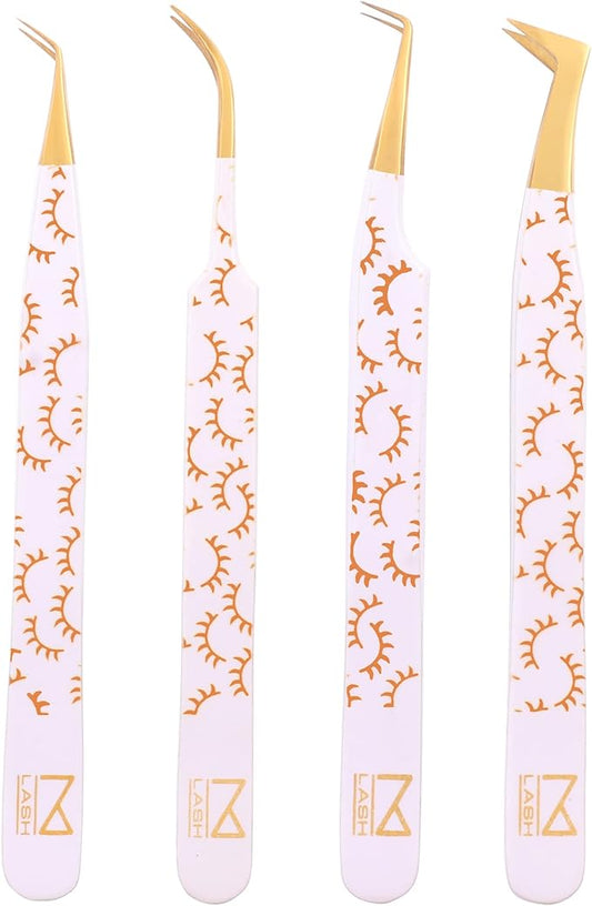 M LASH Tweezers for Eyelash Extensions (Set of 4) - Professional Lash Extension Tweezers - Fiber Tip, Japanese Steel, Diamond Grip Eyelash Extension Tweezer (H-SET)