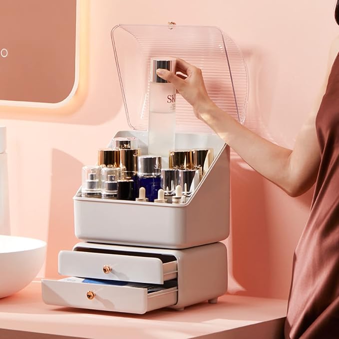 Large Makeup Organizer with Brush Holder, Makeup and Skincare Organizer for Vanity, Cosmetics Skincare Organizers with Lid and Drawers for Countertop, Bathroom, Dresser, Ideal Gifts for Women