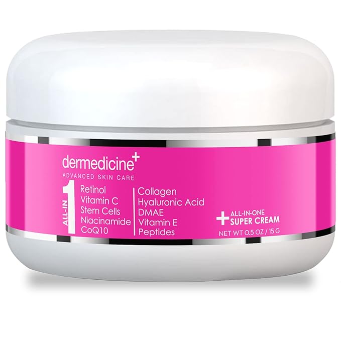 All In One Super Anti-Aging Cream for Face with Retinol, Vitamin C, Stem Cells, Vitamin E, CoQ10, Collagen, Hyaluronic Acid, DMAE, Peptides, Niacinamide Trial Size