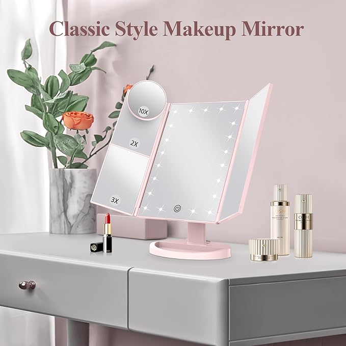 HUONUL Makeup Mirror Vanity with Lights, 2X 3X 10X Magnification, Lighted Mirror, Touch Control, Trifold Dual Power Supply, Portable LED Women Gift (Pink)