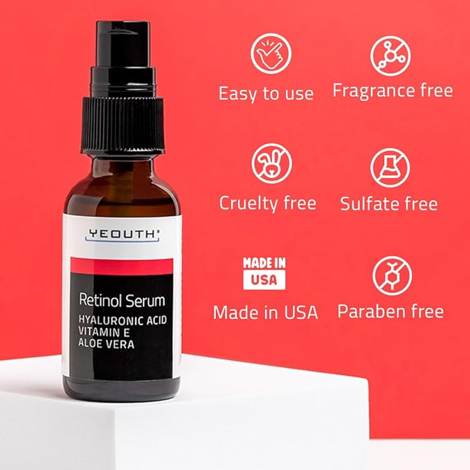 YEOUTH Retinol Serum for Face with Hyaluronic Acid & Vitamin E, Hydrating Retinol Face Serum, Skin Care Suitable for All Skin Types 2oz