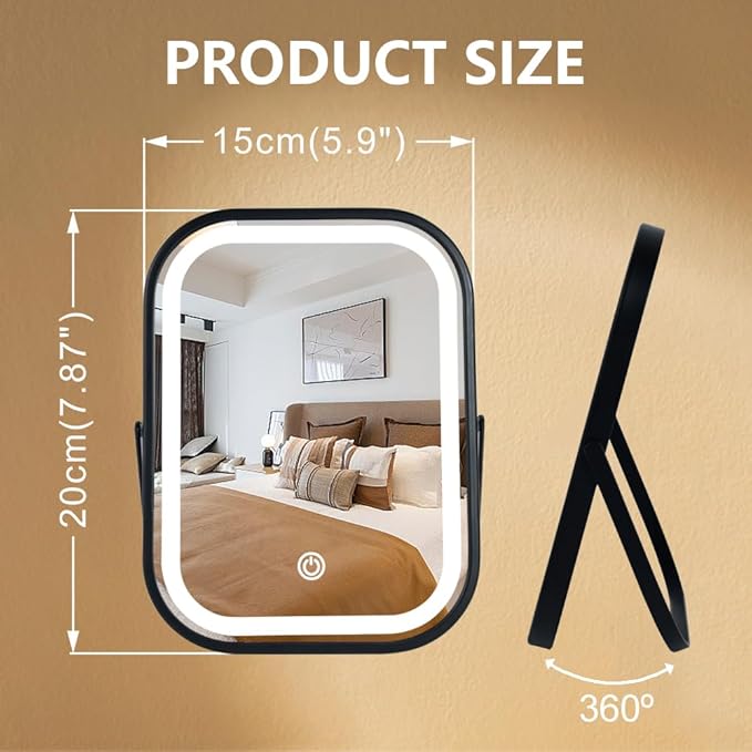 Travel Mirror with Lights, Small LED Makeup Mirror with Lights,Portable Desk Mirror 1200mAh Battery,3 Color Modes,Dimmable Touch Screen, Tabletop Folding Compact Mirror,Women Gift
