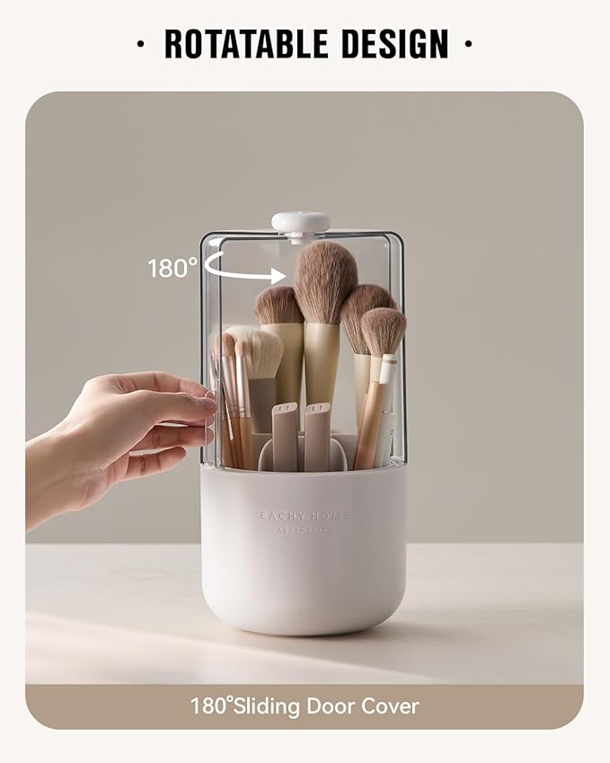 EACHY Makeup Brush Holder 360° Rotating with Dustproof Lid, Waterproof Material, 7 Compartments for Organized Storage, Stylish and Durable Design for Vanity or Bathroom (White)