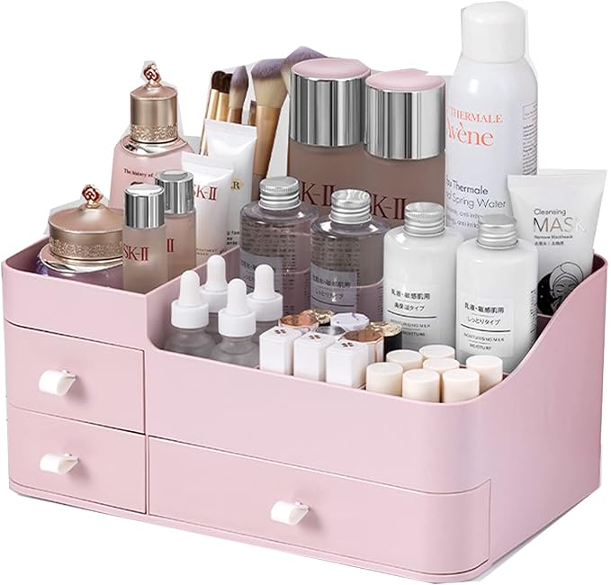 skin care organizer,Makeup Desk Organizer With Drawers,Countertop Organizer for Cosmetics,Vanity brush with Holder for Lipstick, Brushes, Eyeshadow, and Desktop Finishing Dresser (A-Large-pink)