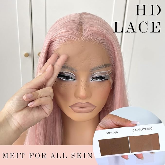 32inch Pink Wig - Straight Light Pink Lace Front Wig Pre Plucked Glueless Synthetic Long Straight Wear And Go Lace Front Wig For Women Daily Party Cosplay Wear