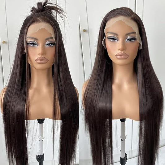 13x6 Straight Lace Front Wigs Pre-Plucked Glueless Brown HD Lace Front Wig Synthetic Chocolate Wear And Go Lace Front Wig 32inch