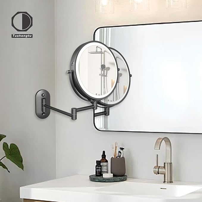 8“Wall Mounted Makeup Mirror With Lights, 10x Magnifying Mirror Wall Mount for Vanity, Bathroom and Shaving, Rechargeable Wall Mounted Makeup Mirror Swing Arm with Adjustable Brightness (Black-10X)
