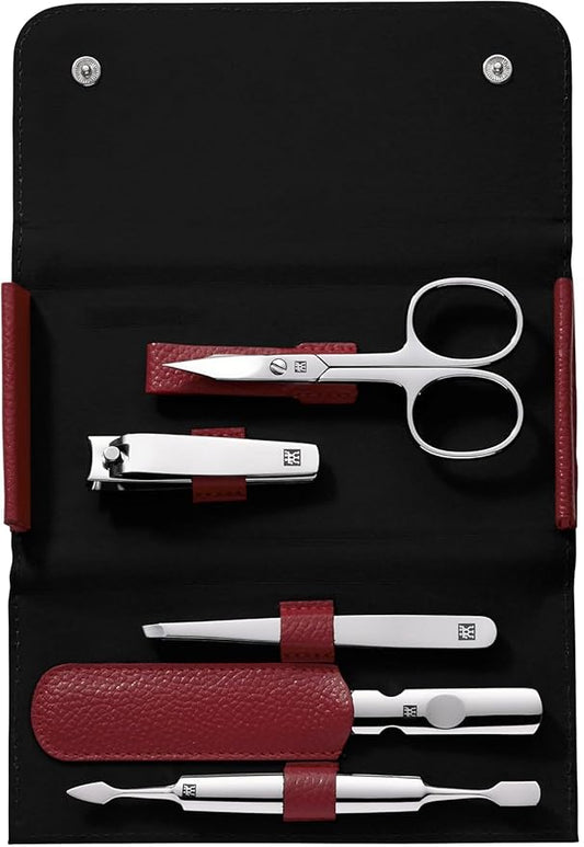 manicure set travel size 5-piece with nail clippers in 100% leather case, Red