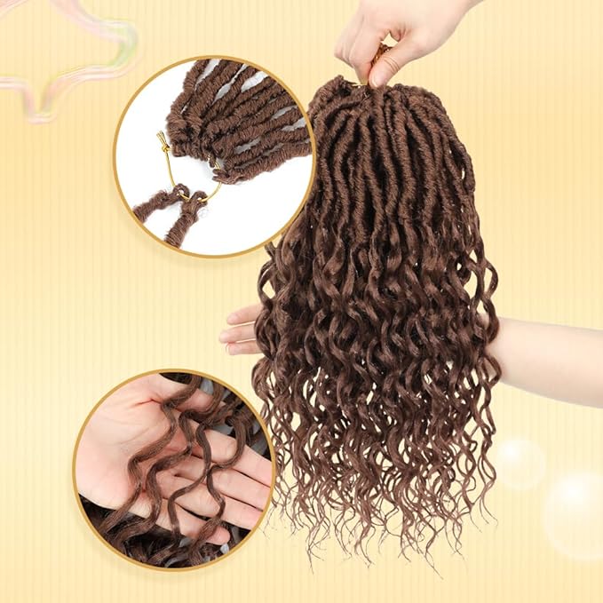 14 Inch 8 Packs Goddess Faux Locs Crochet Hair with Curly Ends Bohemian Curly Crochet River Locs Braids Hair for Women Brown Hippie Locs Synthetic Crochet Braids Hair Brown Color