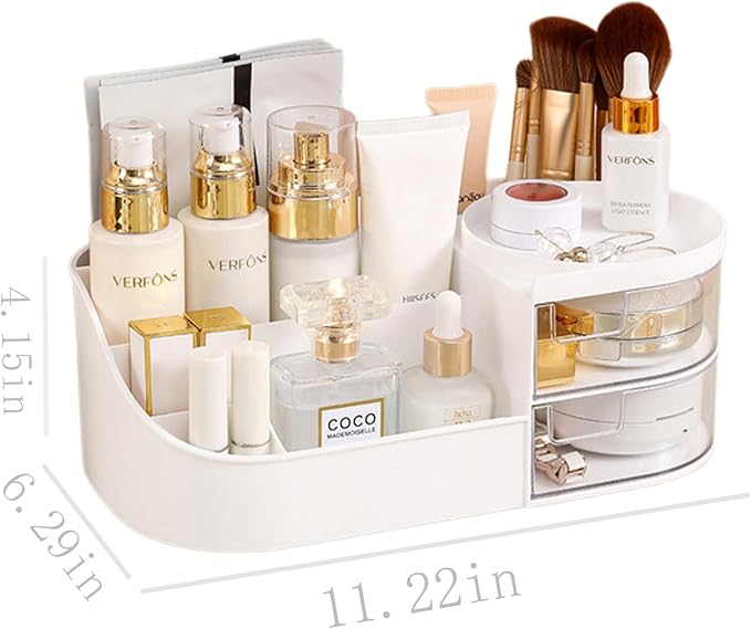 skin care organizer,Makeup Desk Organizer With Drawers,Countertop Organizer for Cosmetics,Vanity brush with Holder for Lipstick, Brushes, Eyeshadow, and Desktop Finishing Dresser (D-White)