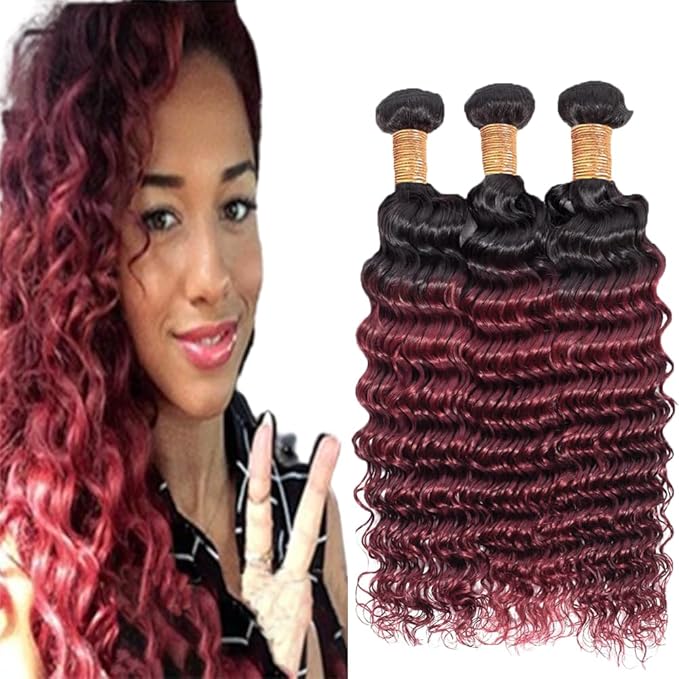 1B99j Deep Wave Bundles Burgundy Loose Deep Wave Bundles Weave Extensions Black and Wine Red Two Tone Brazilian Human Hair Extensions Soft and Silky for Black Women 14 16 18 Inch