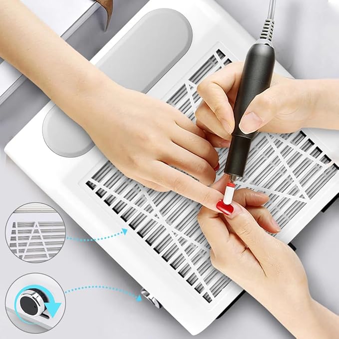 CoFashion White Nail Dust Collector & 2pcs Nail Dust Collector Filters-80w Nail Vacuum Dust Collector for Manicure, 2pcs Reusable Filter Replacement