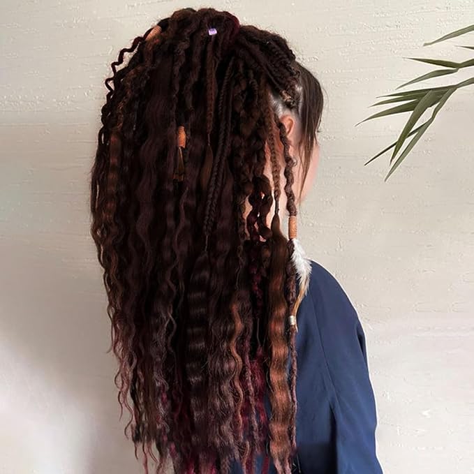24 Inch DE Dreadlock Extensions Sets, 20 Strands 3 In 1 Mixed Synthetic Dreads Extensions, Ombre Auburn Straight&Curly&Boho Handmade Dreads Hippie Style Dreadlocks for Woman