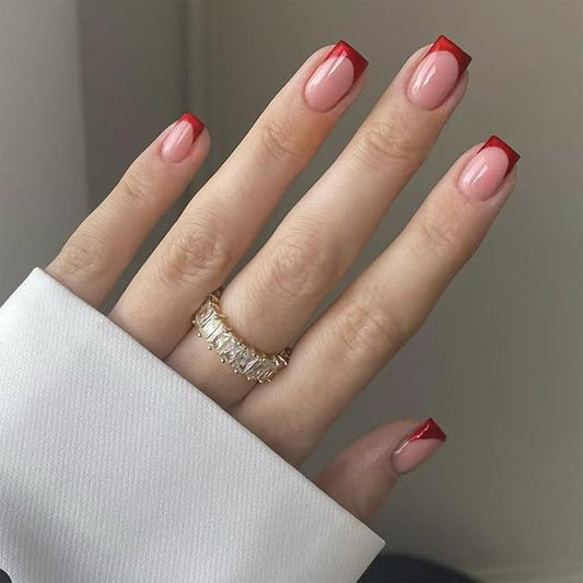 Modelones Press on Nails, Red Chrome French Short Square Fake Nails, Spring Easter Reusable Nail Kit with Nail Glue Adhesive Tabs Mini Nail File, Nails Press Ons 32Pcs16 Sizes, Women Girl Gift