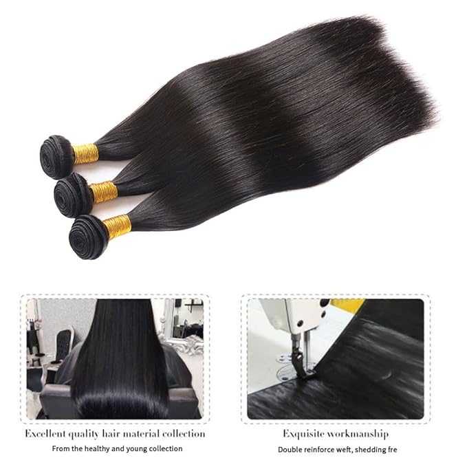 Straight Human Hair Bundles - 100% Unprocessed Brazilian Virgin Hair, 20 Inch, Natural Black Color, Double Weft for Women