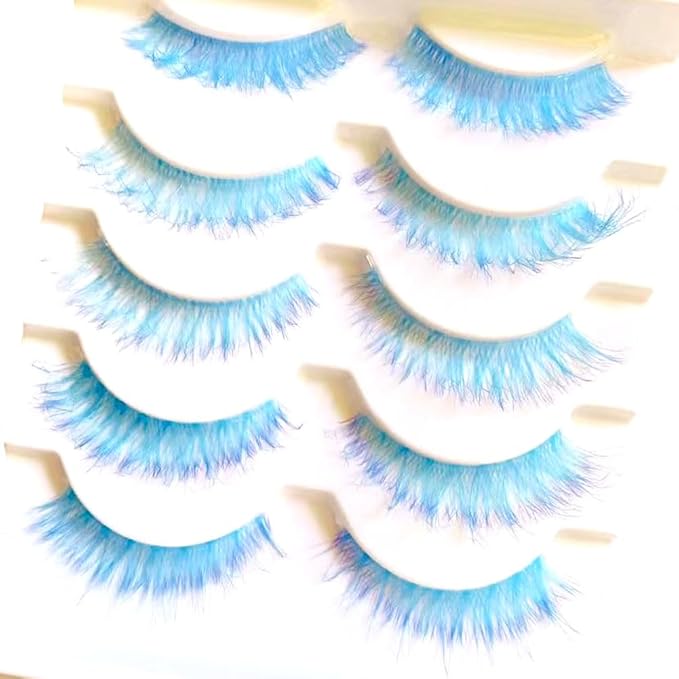 Sunniess Ombre Afro-Curl Colored Lashes Silk Protein Fluffy Wispy Volume Fake Short Lashes with Color for Daliy Halloweens Cosplay Party Stage Blue Purple Lashes Make up False Eyelashes 5 Pairs
