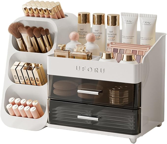 Makeup Organizer for Vanity, Countertop Organizer With Drawers, Spacious Cosmetic Display Case for Beauty Essential, Skincare, Lipstick, White