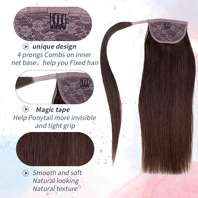 Ponytail Extension Human Hair Ponytail Straight Clip in Wrap Around Pony Remy Hair Extensions for Women 18 Inch 80G #Dark Brown