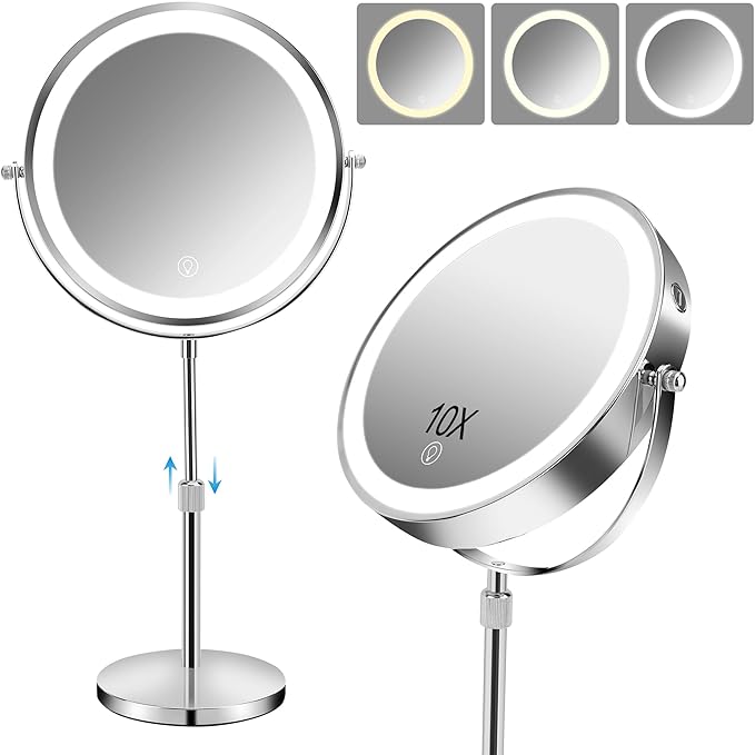 10x Large Lighted Makeup Mirror, Rechargeable 8.7" Double-Sided Vanity Mirror with 3 Color Dimmable Lights, 1X/10X Height Adjustable Magnifying Mirror, 360° Swivel, for Women Girl(Silver)