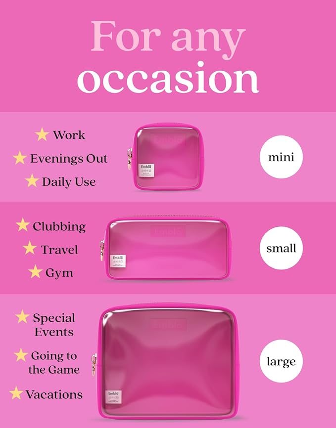 Clear Cosmetic Bags Set of 3, Mini Small Large Makeup Bags For Women Clear Pouch Cosmetics Cases Zipper Cute Pouches Make Up Travel Toiletry Essentials Preppy Purse Organizer Makeup Cases, Fuchsia
