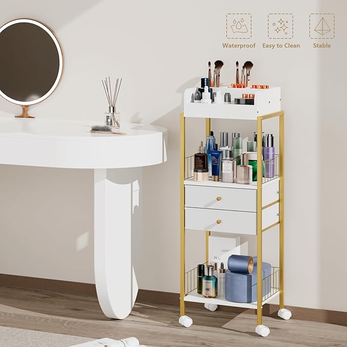 Makeup Organizer Cart Shelf Floor Skincare Organizers Make Up and Station Storage Cabinet For Vanity Standing Cosmetics With Drawers and Wheels For Nail Polish Perfume Hair Tool Holder Beauty(Gold)