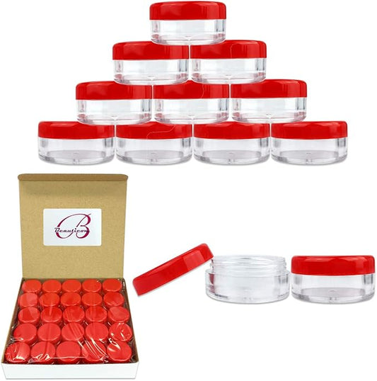 Beauticom (Quantity: 50 Pieces) 5G/5ML Round Clear Jars with RED Lids for Scrubs, Oils, Toner, Salves, Creams, Lotions, Makeup Samples, Lip Balms