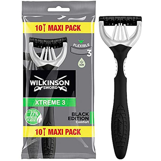 Wilkinson Sword Xtreme 3 Black Edition - Disposable 3-Blade Razors with Flexible Head | Flexible Comfort Technology - Format: Maxi Pack 10 Units