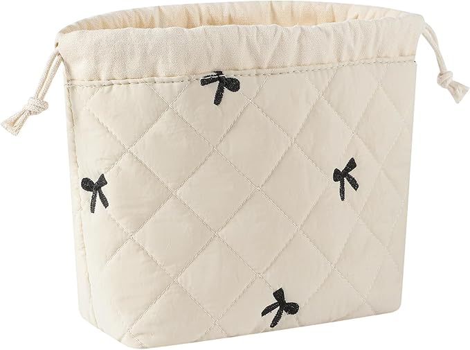 Cotton Quilted Drawstring Makeup Bag with Canvas Lining,Coquette Aesthetic Cute Travel Toiletry Bag,Drawstring Gift Bag for Women and Girls（05Beige Bows）