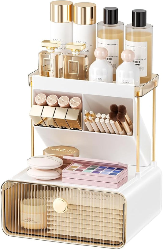 Makeup Organizer with Drawer, Bathroom Organizers and Storage，Makeup Brush Holder,Lipstick and Perfume Organizer,Cosmetic and Vanity Organizer,Desk Organizer (AMBER)