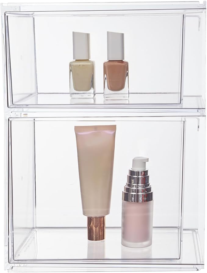 STORi Audrey Stackable Clear Bin Plastic Organizer Drawers | 2 Piece Set | Organize Cosmetics and Beauty Supplies on a Vanity | Made in USA
