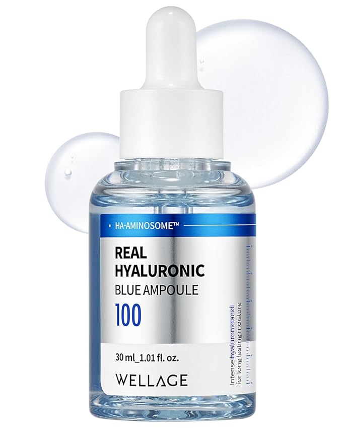 WELLAGE Real Hyaluronic Blue Ampoule 100, Korean Skincare, Fragrance Free Hyaluronic Acid Serum with Panthenol, Wild yam, Centella for Sensitive Dry Skin Moisturizer 1.01 fl.oz