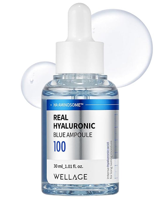 WELLAGE Real Hyaluronic Blue Ampoule 100, Korean Skincare, Fragrance Free Hyaluronic Acid Serum with Panthenol, Wild yam, Centella for Sensitive Dry Skin Moisturizer 1.01 fl.oz
