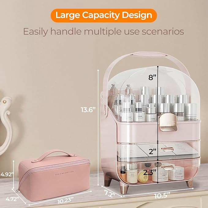 IUI Make up Organizer, 2 Drawer Make up Organizers for Vanity, DustProof Skincare Organizers with Lid, Large Cosmetic Display Cases for Vanity, Bathroom, Countertop, Gifts for Women Girls, Pink