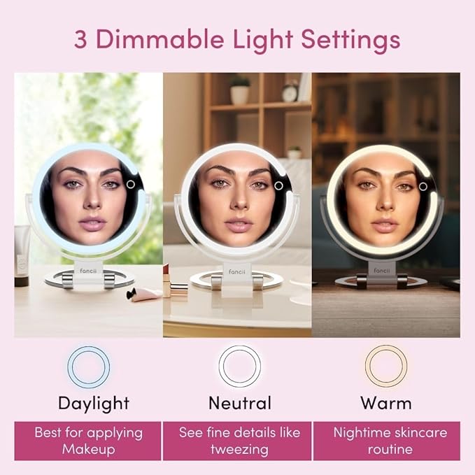 Fancii Travel Magnifying Mirror 10x /1x with Lights, Rechargeable | 9-Inch Extra Large LED Lighted Makeup Mirror, Folding Double Sided Portable Vanity Mirror, 3 Light Settings, Touch Sensor (Sadie)