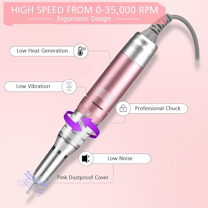 35000RPM Portable Nail Drill Machine, HoMove Professional Nail Drill Machine, Rechargeable Electric Efile Nail Drills for Acrylic Gel Nails, Cordless Portable Nails Drill【Rose Gold】