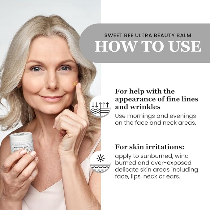 Sweet Bee Naturals Ultra Beauty Balm - Certified Organic Non-Petroleum Jelly Moisturizer Cream with Honey & Beeswax - Illuminate Skin for Face & Neck - Natural Balm for Dry & Sensitive Skin - 2 oz