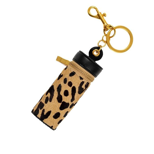 Cackatoo Genuine Leather Horsehair Lipstick Case with Keychain - Portable Travel Organizer for Lipstick and Chapstick - Stylish Key Chain Accessory for Women (Leopard/Black)