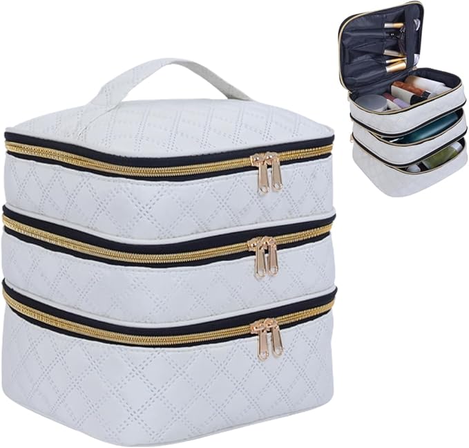 Large Makeup Bag 3 Layers with Handle Travel Makeup Bag Organizer Toiletry Accessories Bottles, Brushes, and Skin Care Products (Beige)